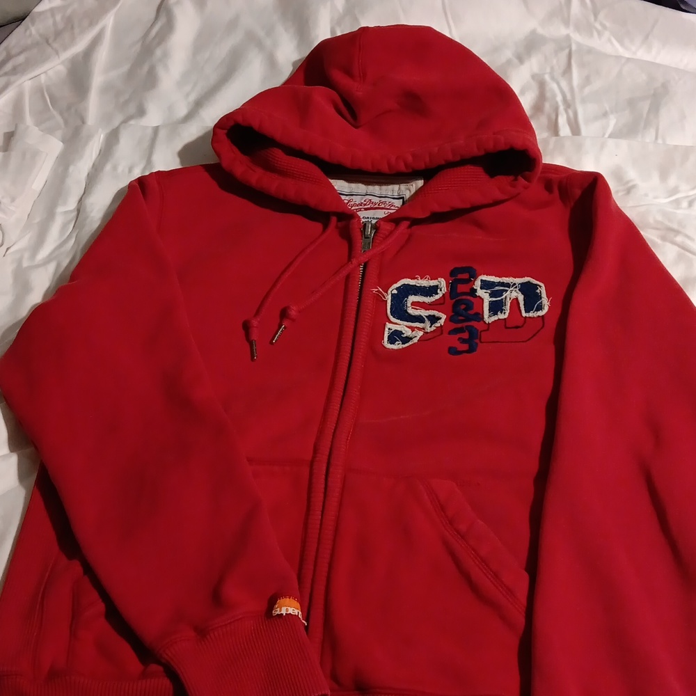 SUPER DRY HEAVYWEIGHT DISTRESSED FLEECE RED HOODIE ...Medium.